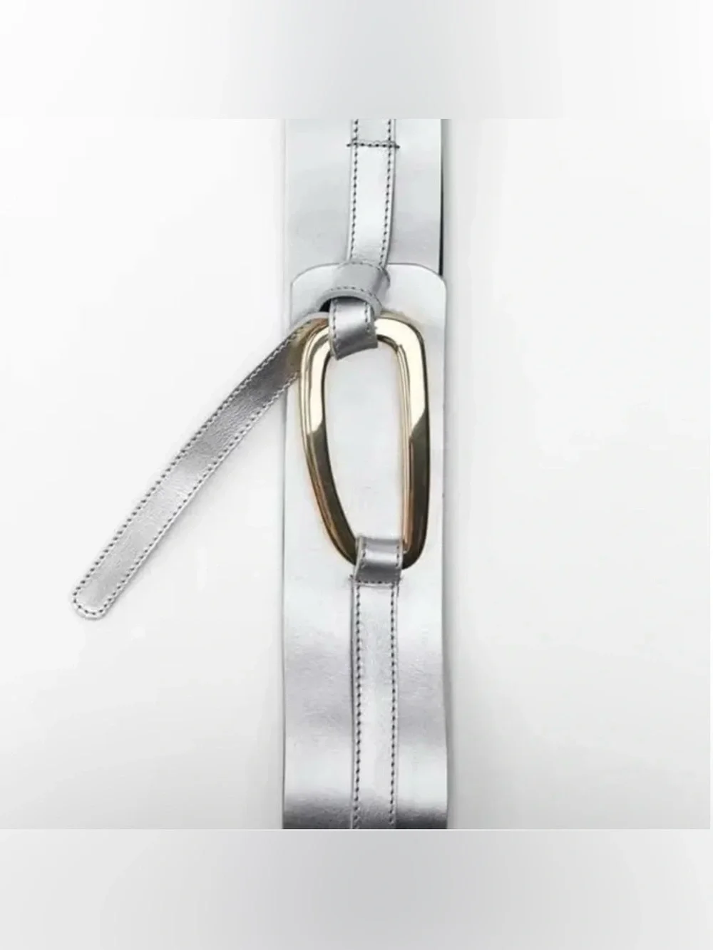 Zara Metallic Silver Wide Waist Belt with Gold-Tone Loop Buckle